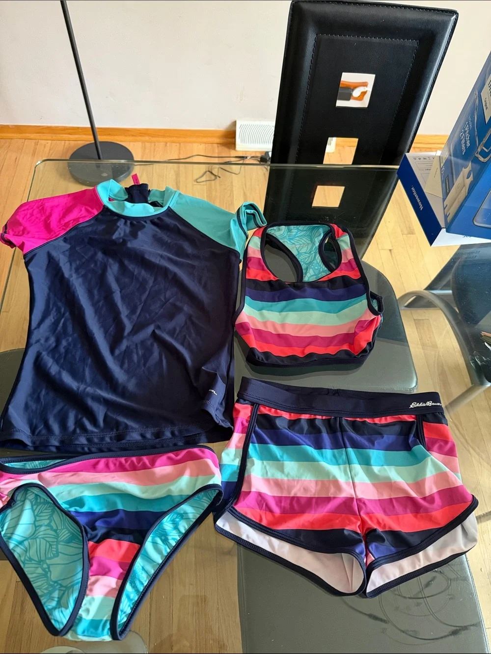 Girls' Multi-Stripe Reversible Swim Set - Navy, Pink & Teal